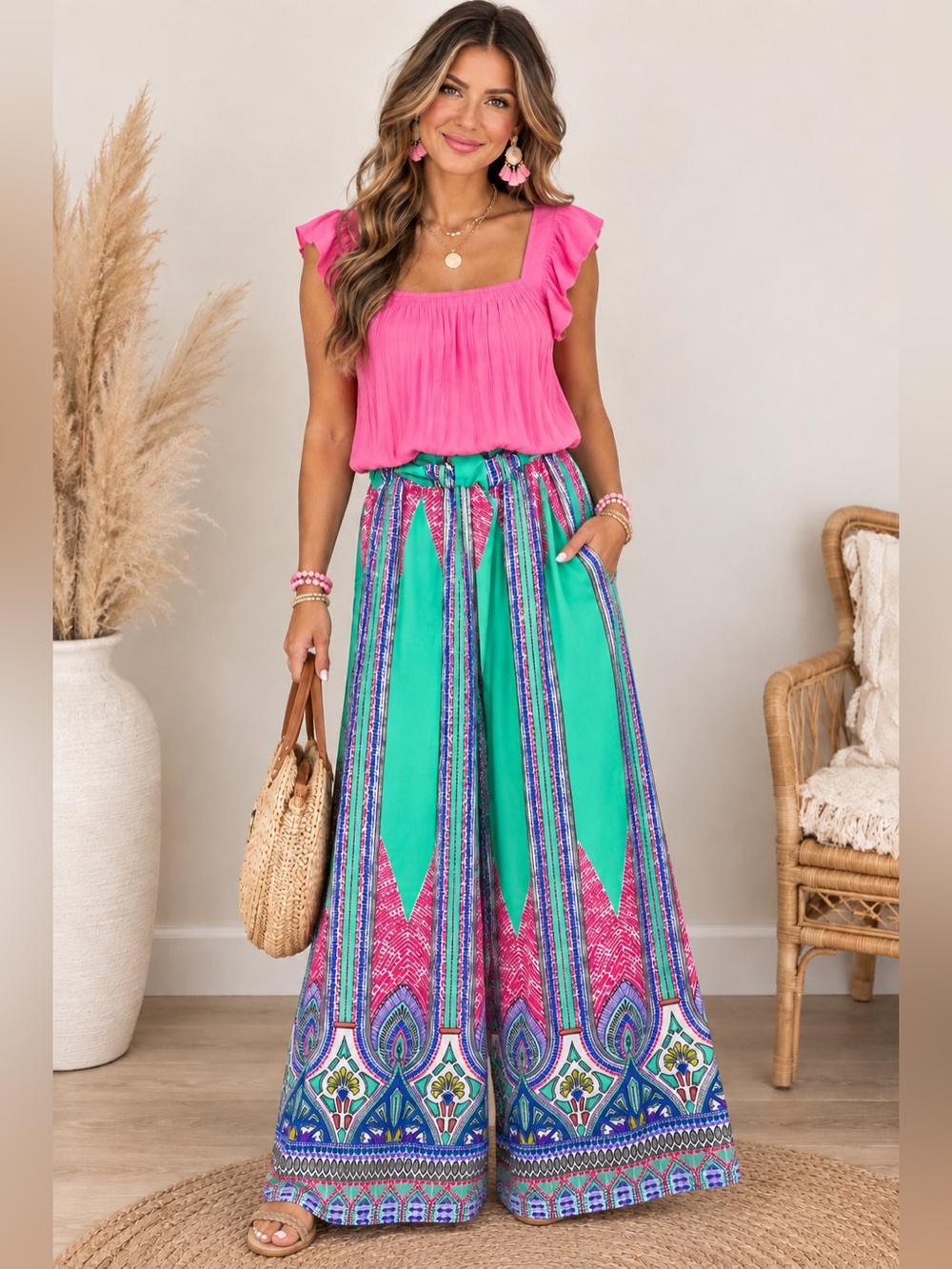 Tyche Bright Pink Top with Green & Multicolor Printed Wide-Leg Pants